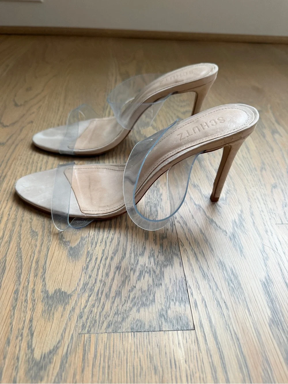 Schutz Ariel’s Clear Strap Suede Heels in Beige
